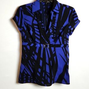 Express Design Studio Blue and Black blouse short sleeve ruffled collar …